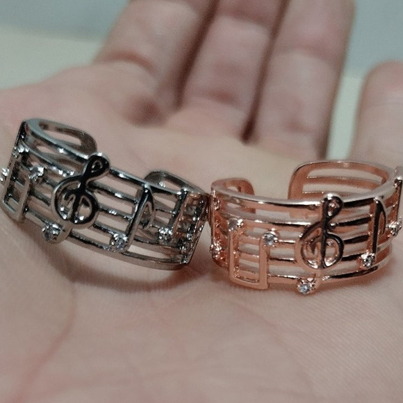 His & Hers Valentines Anniversary Silver Copper Music Notes Ring Set Adjustable - Picture 1 of 5